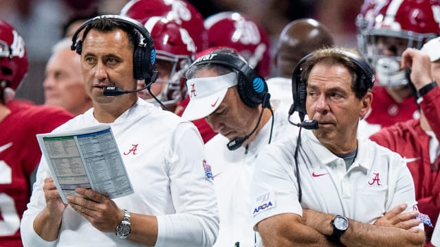 Alabama offensive coordinator Steve Sarkisian and head coach Nick Saban against Duke in the Chick-fil-A Kickoff Game at Mercedes Benz Stadium in Atlanta, Ga., on Saturday August 31, 2019.